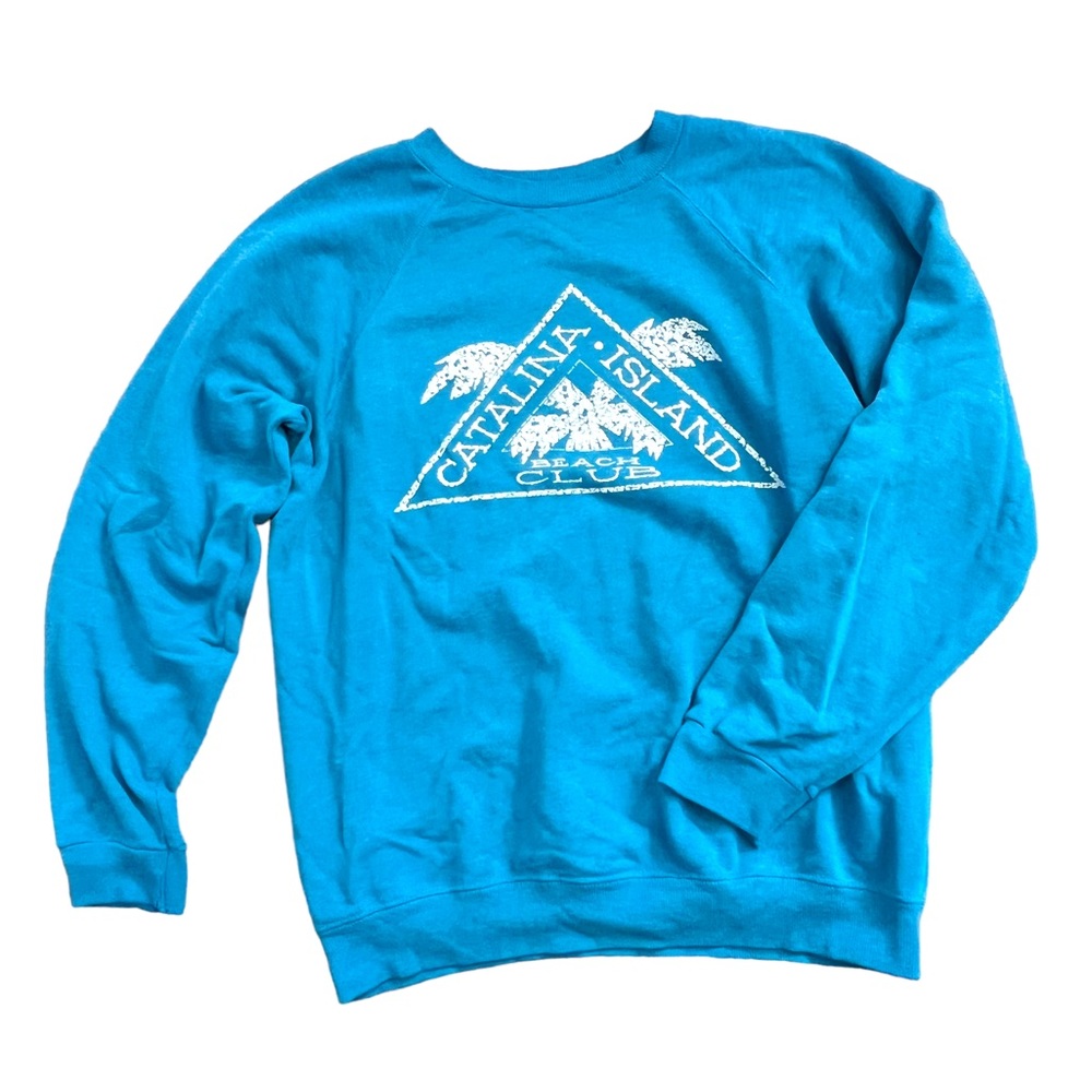 Vintage 1980s Catalina Beach Club Graphic Raglan Crewneck Sweatshirt Aqua Blue